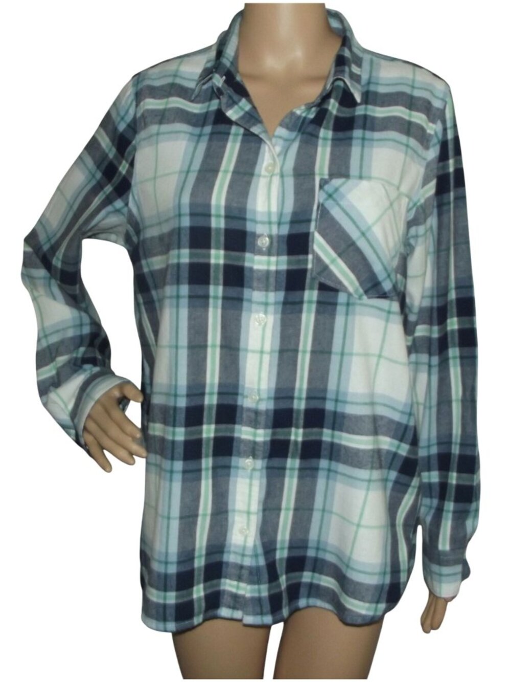 Old Navy Flannel Shirt Womens Sz Large The Classic Shirt blue white green plaid